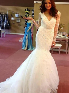 Trumpet/Mermaid Long Sleeves V-neck Beading Tulle Wedding Dress OW277