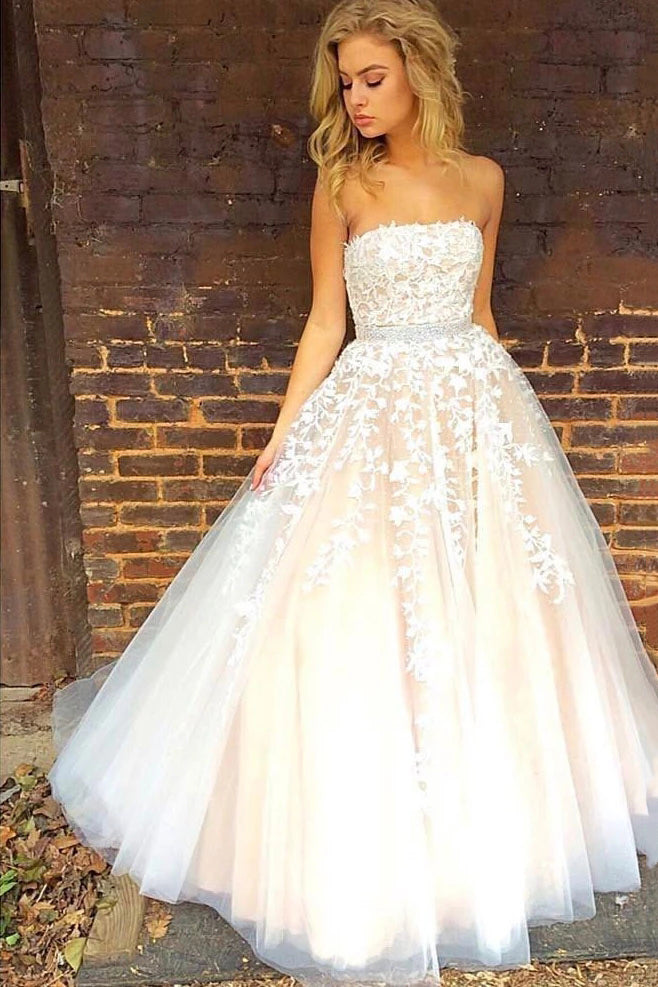 Strapless Appliques Long Prom Wedding Dress with Beading Waist OW520