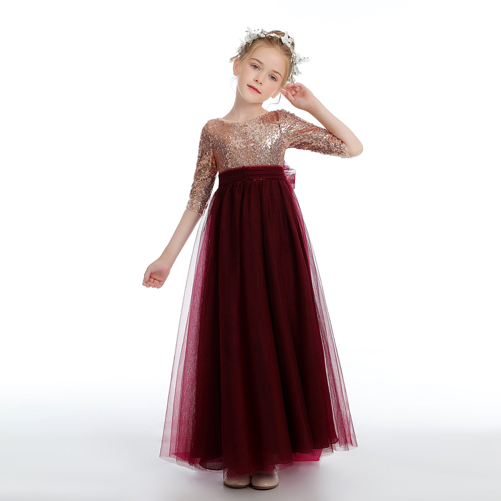 Cute Tulle Burgundy Sequins A-Line Flower Girl Dress