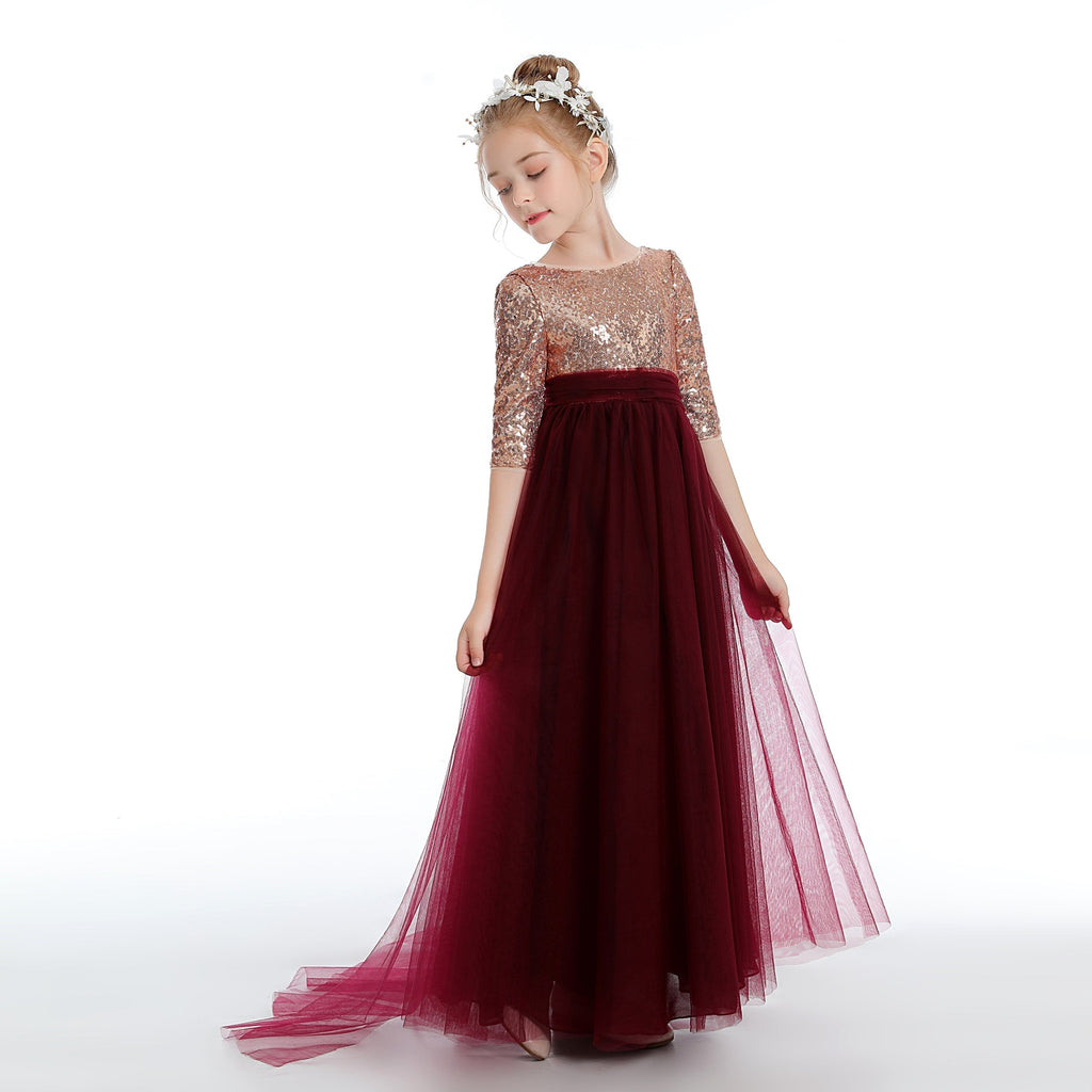 Cute Tulle Burgundy Sequins A-Line Flower Girl Dress