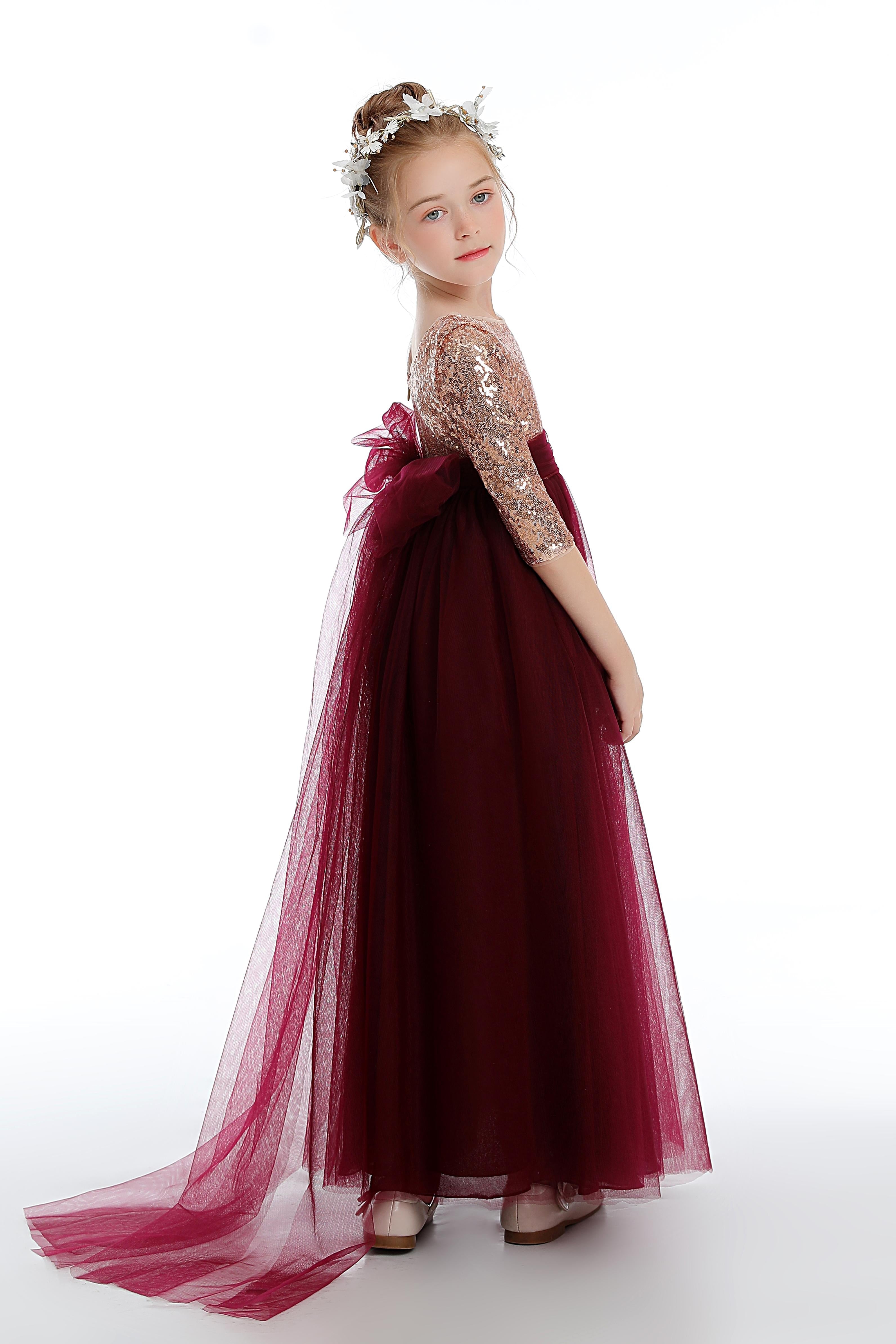 Cute Tulle Burgundy Sequins A-Line Flower Girl Dress