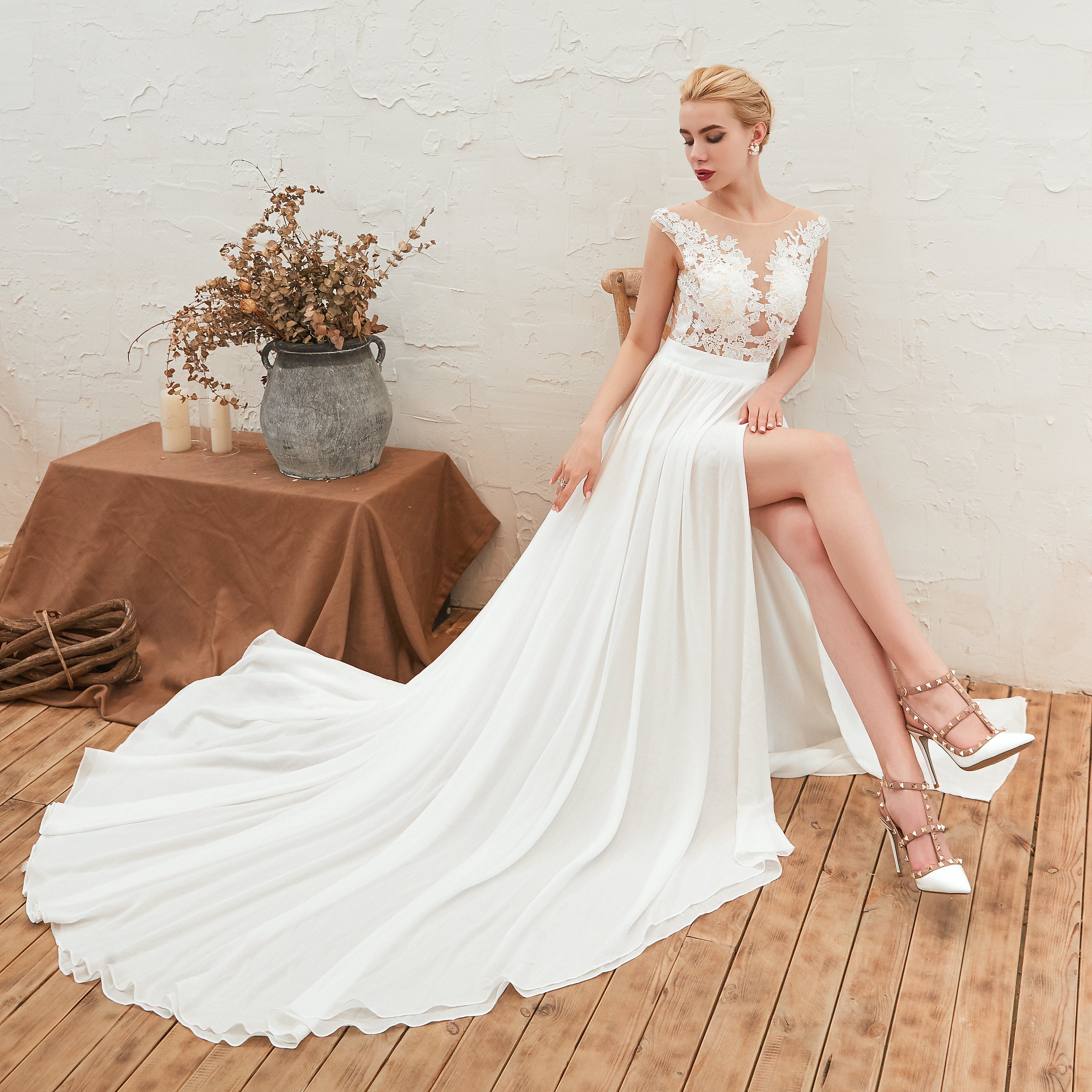 Lace Bateau Long Chiffon Side Split Wedding Dresses AS23347