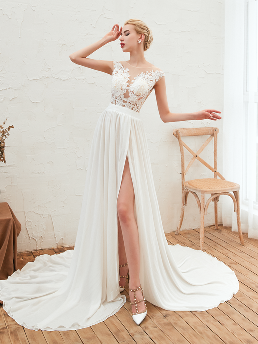 Lace Bateau Long Chiffon Side Split Wedding Dresses AS23347