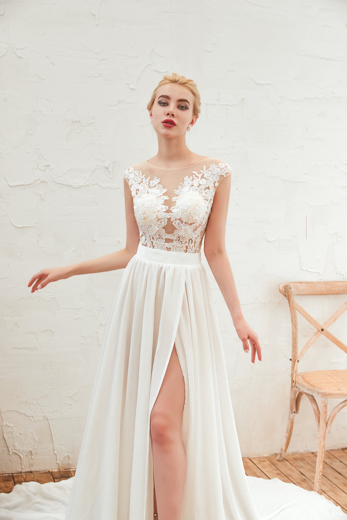 Lace Bateau Long Chiffon Side Split Wedding Dresses AS23347