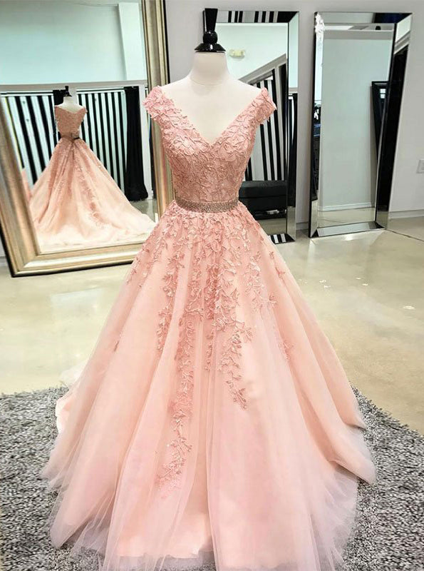 Pink V Neck Tulle Lace Applique Long Prom Dress, Pink Tulle Evening Dress