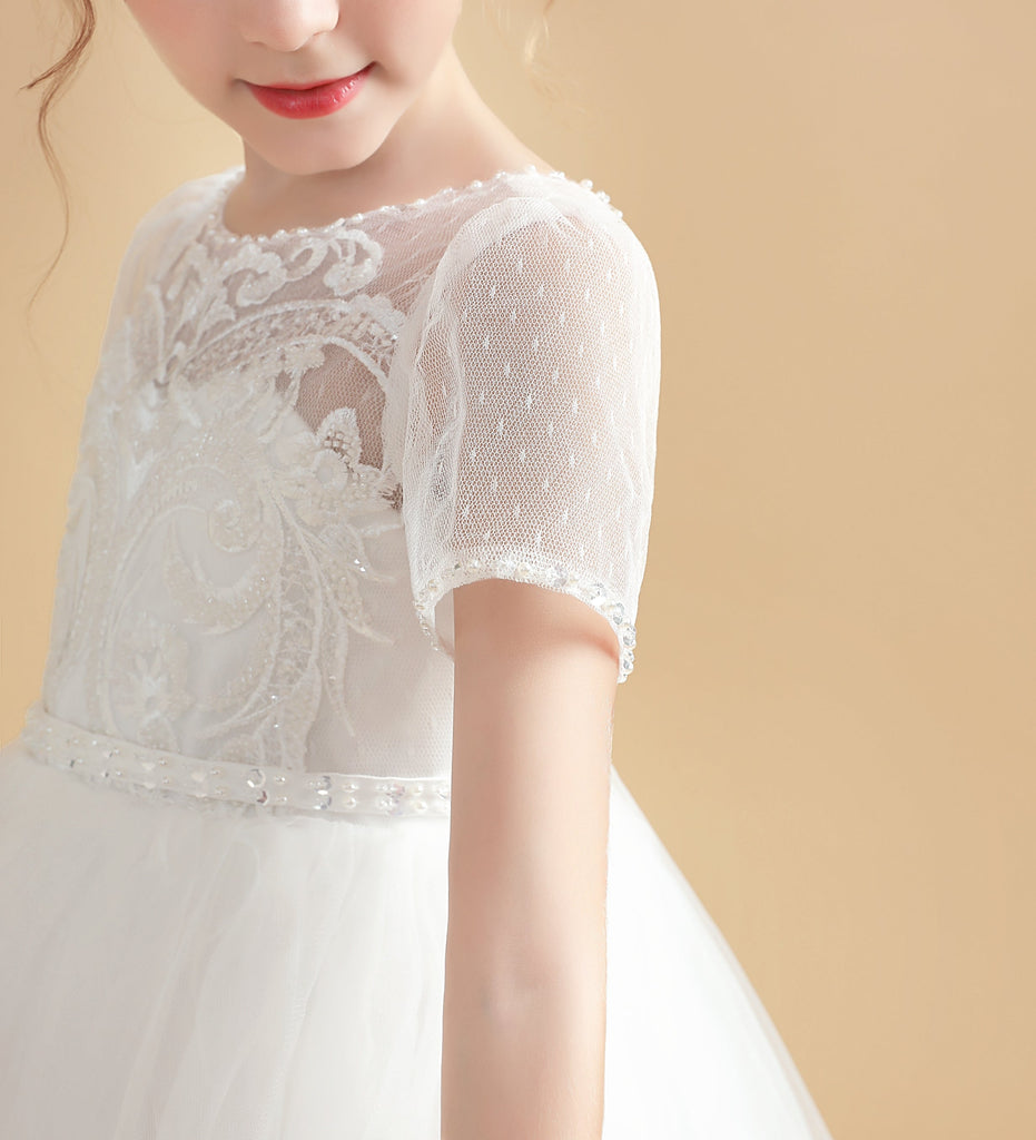 Ivory Short Sleeves Tulle Flower Girl Dresses With Lace Appliques