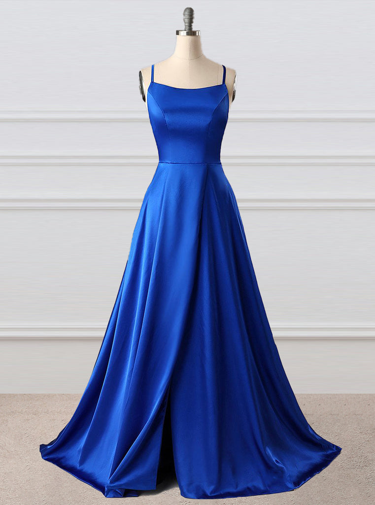 A-Line Simple Royal Blue Side Split Backless Prom Dress