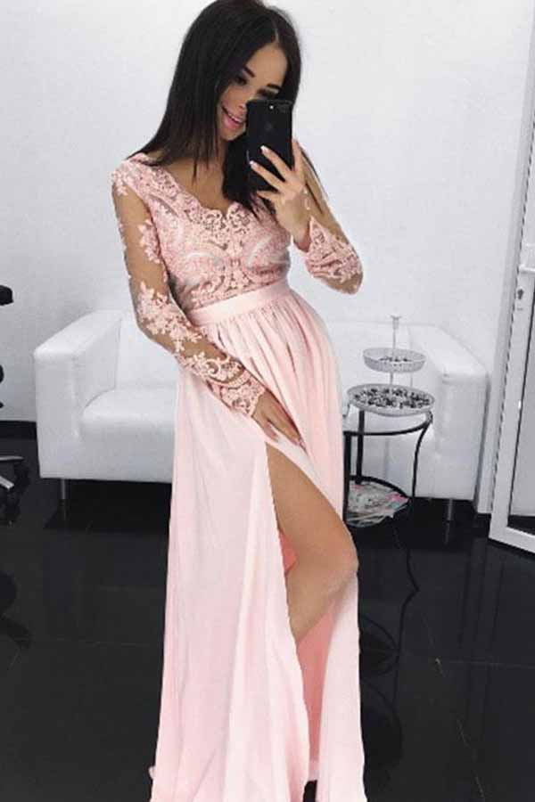 Appliques Long Sleeves Pink Prom Dress V-Neck With Split OP713
