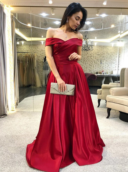 Elegant Off-the-Shoulder Burgundy Satin Prom Dress With Ruched OP737