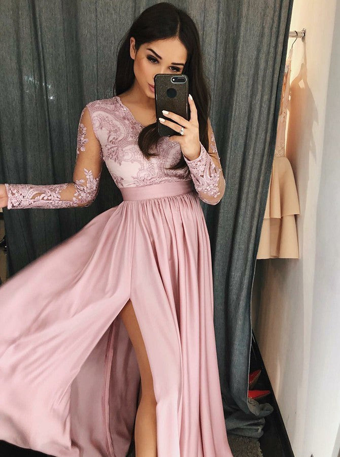 Appliques Long Sleeves Pink Prom Dress V-Neck With Split OP713