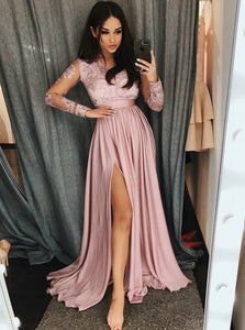 Appliques Long Sleeves Pink Prom Dress V-Neck With Split OP713