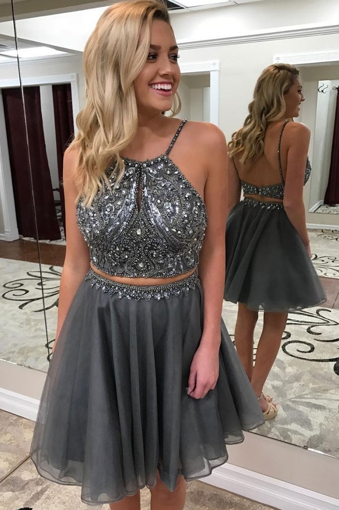 Grey Two Pieces Short Prom Dress Beads Chiffon Homecoming Dress OM315