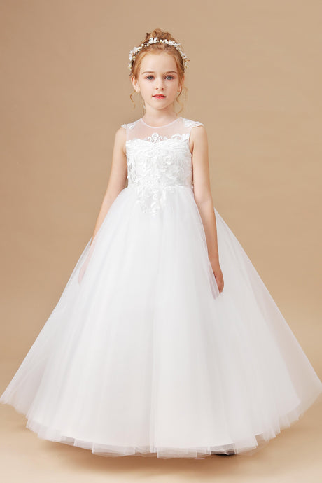 Round Neck Cute Ivory Tulle Long Flower Girl dress With Lace