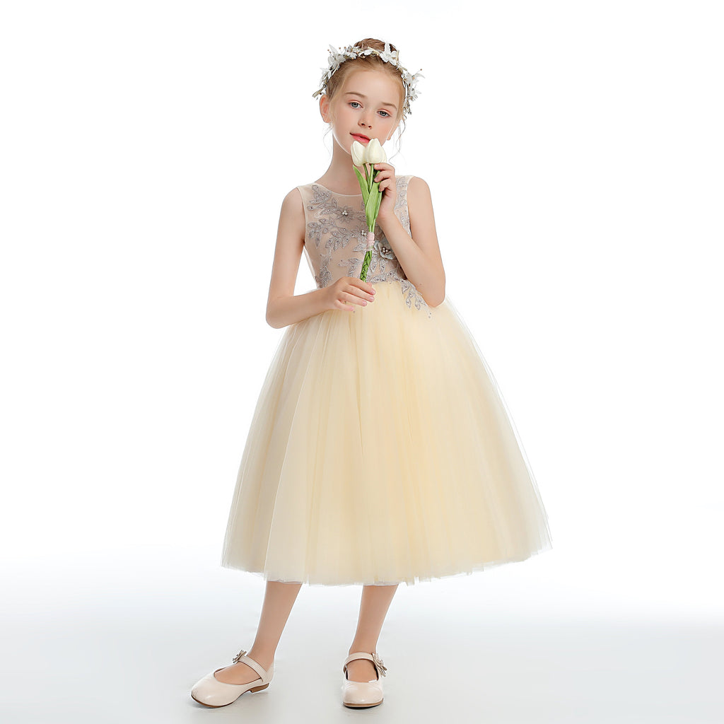 Tulle Daffodil Sleeveless V Back Flower Girl Dress