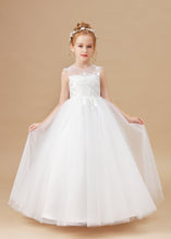 Round Neck Cute Ivory Tulle Long Flower Girl dress With Lace