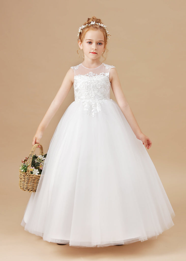 Round Neck Cute Ivory Tulle Long Flower Girl Dress With Lace