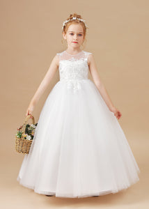 Round Neck Cute Ivory Tulle Long Flower Girl dress With Lace