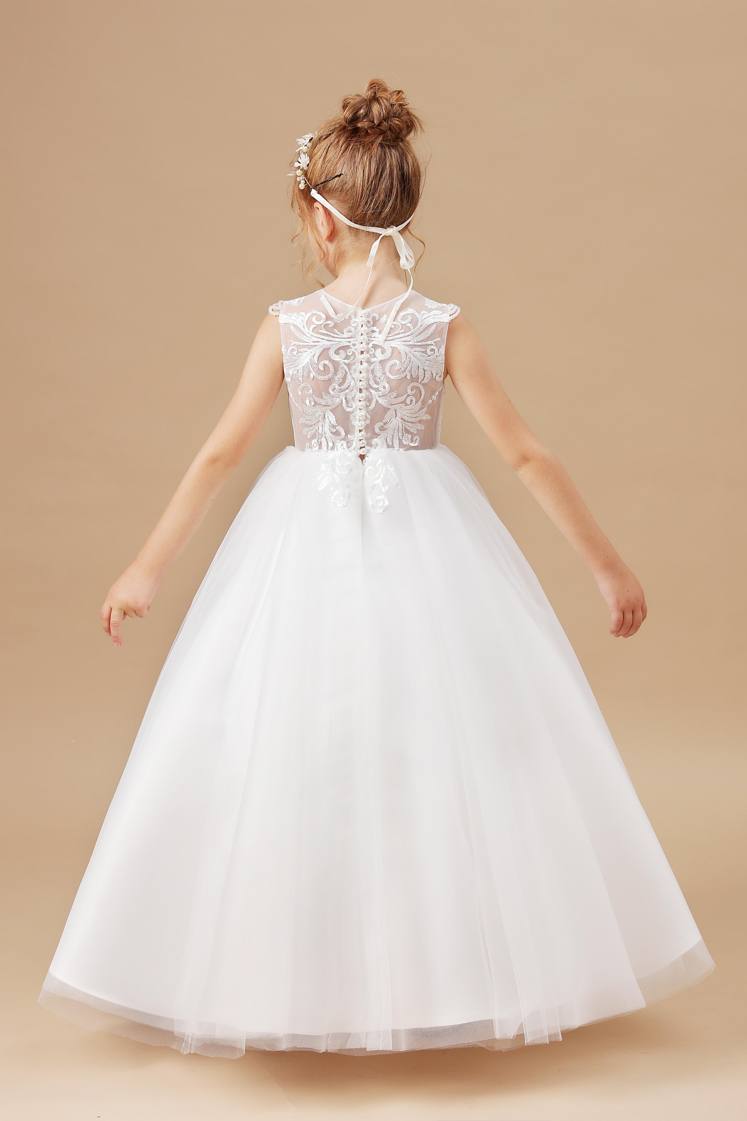 Round Neck Cute Ivory Tulle Long Flower Girl dress With Lace