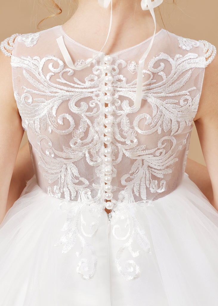 Round Neck Cute Ivory Tulle Long Flower Girl Dress With Lace