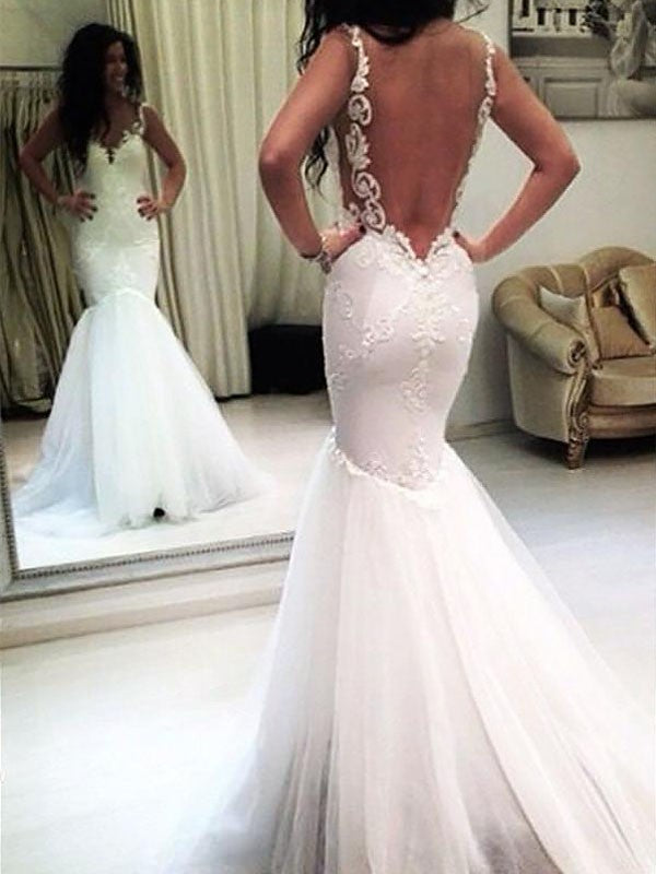 Trumpet/Mermaid Spaghetti Straps Tulle Backless Wedding Dress OW286