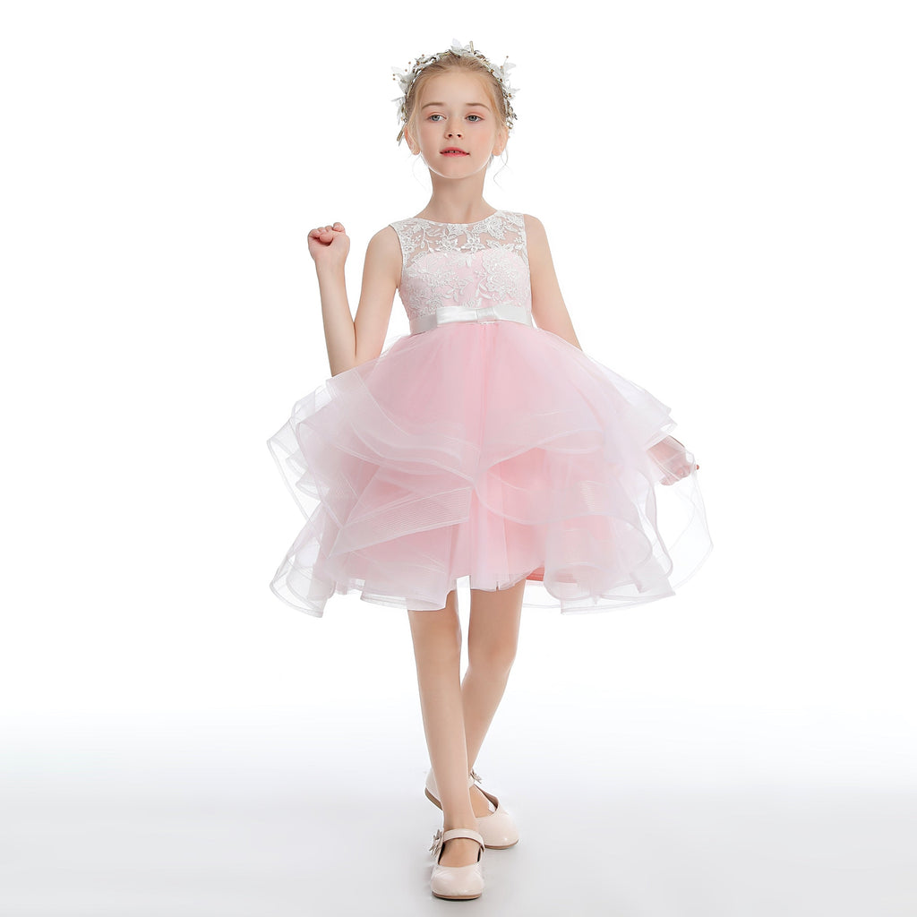 Pink Tulle Layered  V Back Flower Girl Dress