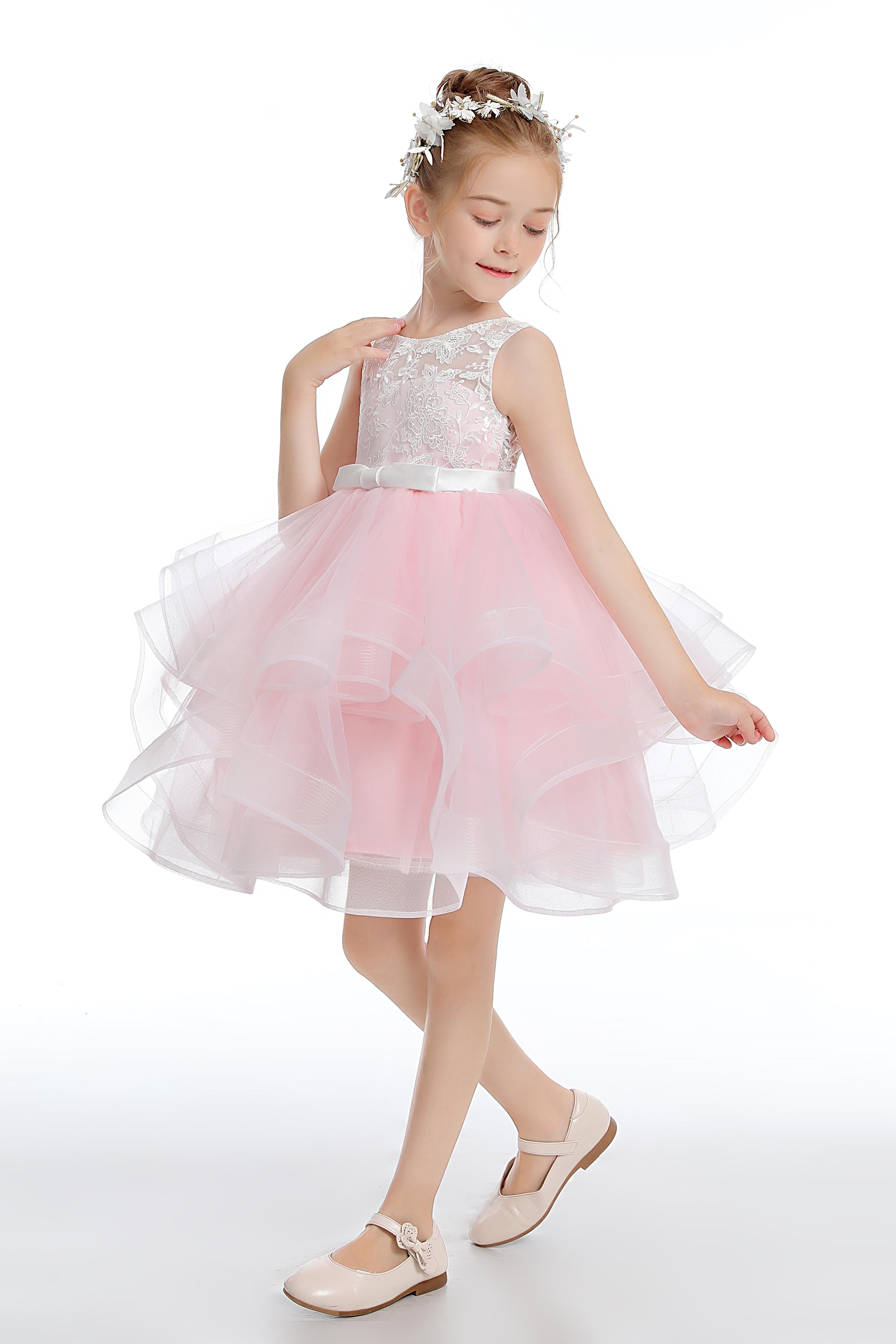 Pink Tulle Layered  V Back Flower Girl Dress