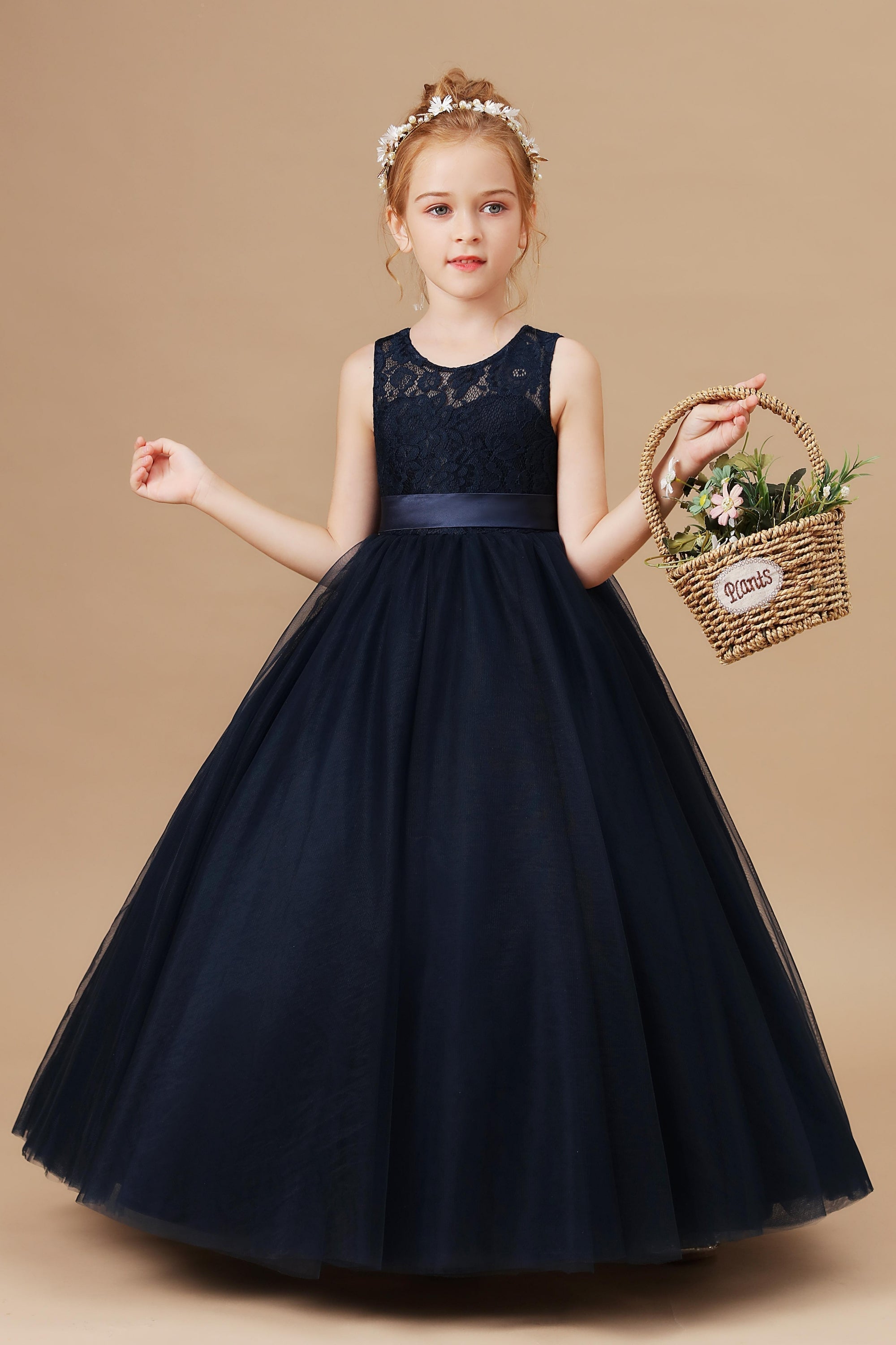 Lace Tulle Black Stain-Sash Pretty Flower Girl dress With Bownot