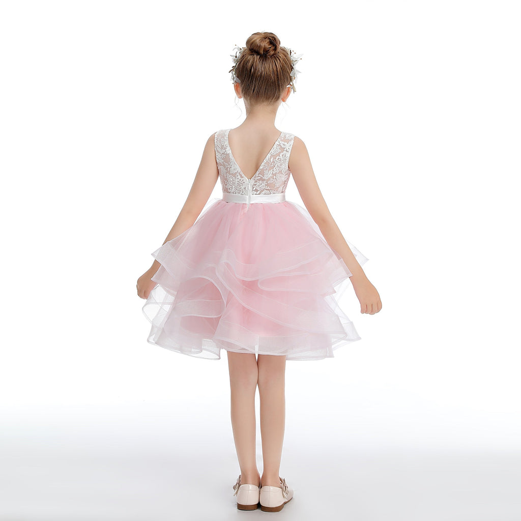 Pink Tulle Layered  V Back Flower Girl Dress