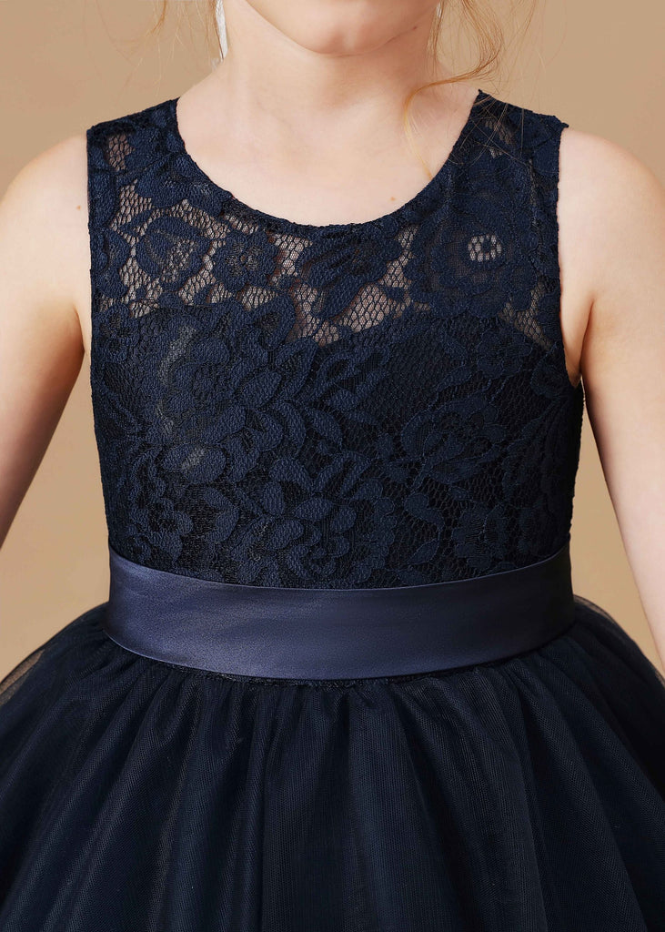 Lace Tulle Black Stain-Sash Pretty Flower Girl Dresses With Bownot