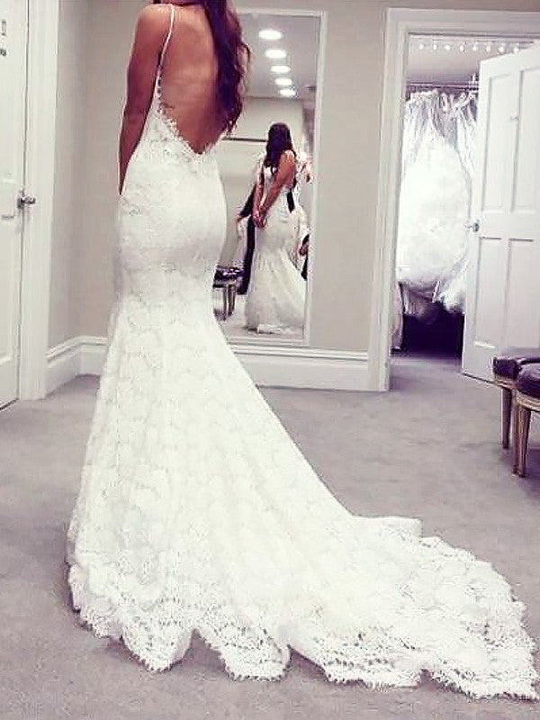 Trumpet/Mermaid Spaghetti Straps Lace Backless Wedding Dress OW285