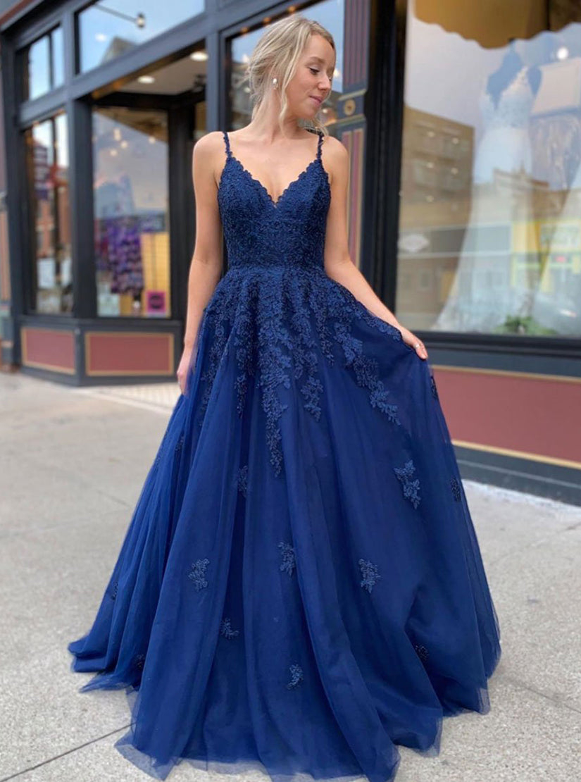 Blue Appliques Long Prom Dress Evening Dress PD1109