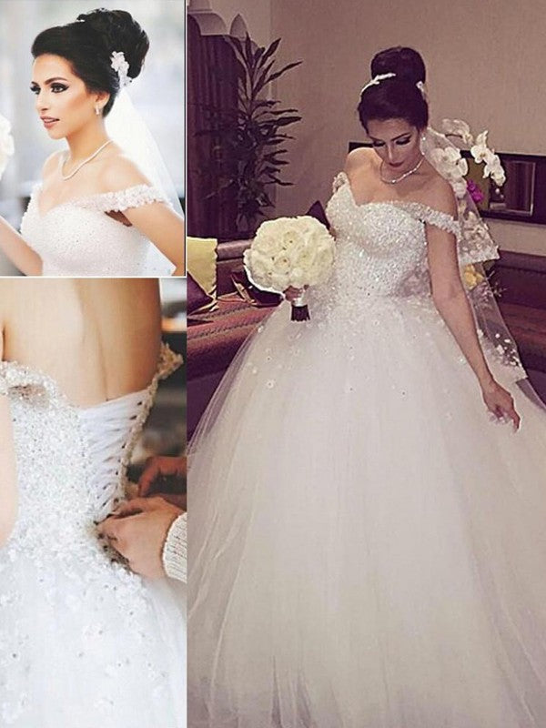 Sleeveless Beading Off-Shoulder Court Train Ball Gown Lace Up Tulle Wedding dress OW125