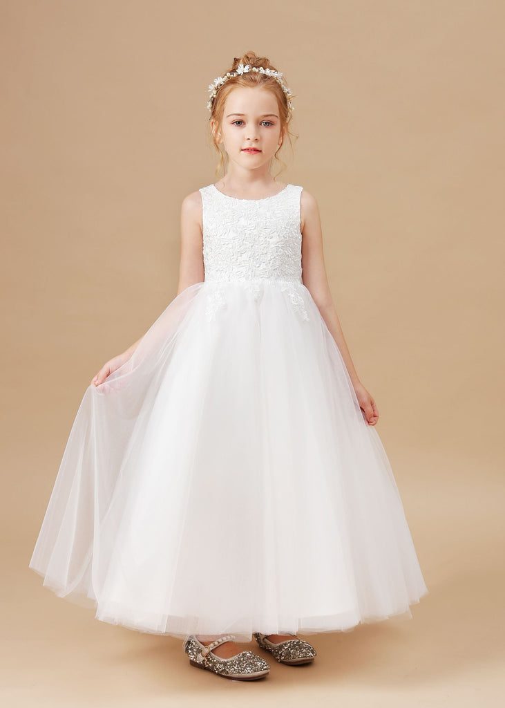 Applique Cute Sleeveless Tulle Flower Girl Dresses With Bownot