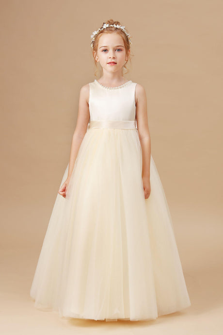 Sleeveless Satin Tulle Champagne Flower Girl Dress