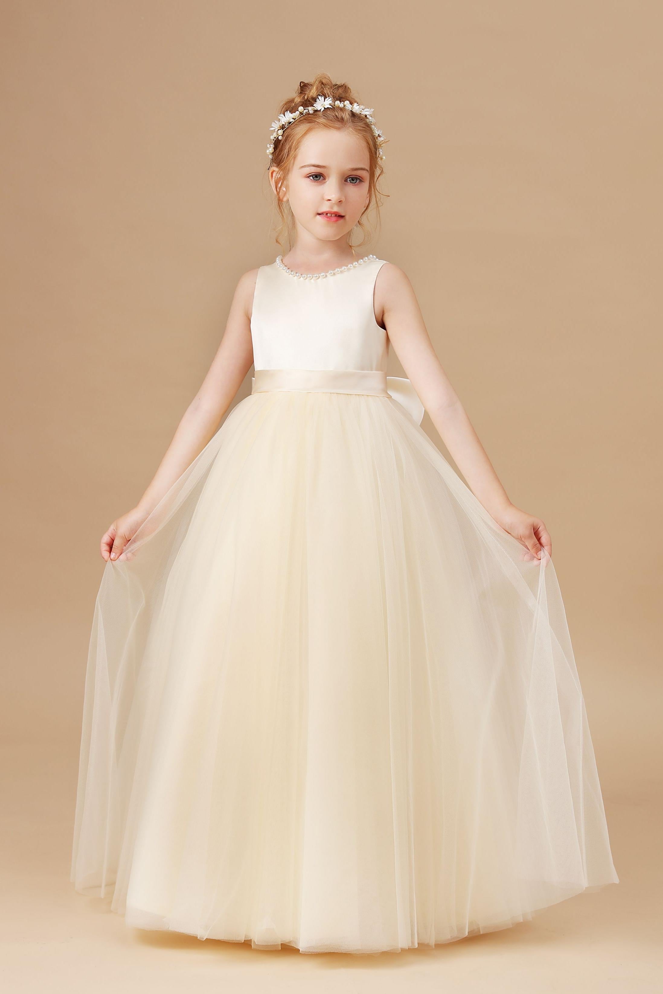 Sleeveless Satin Tulle Champagne Flower Girl Dress