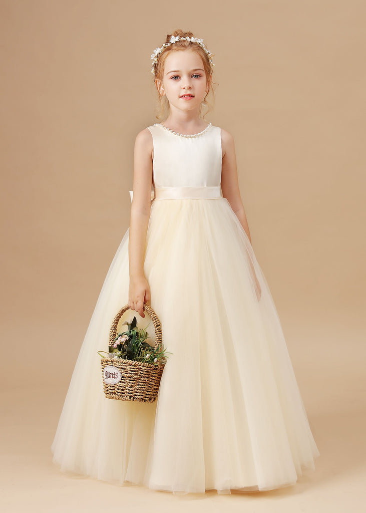 Sleeveless Satin Tulle Champagne Flower Girl Dress