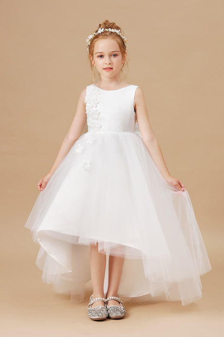 Chic High Low Sleeveless Tulle Stain Appliques Flower Girl dress With Bowknot