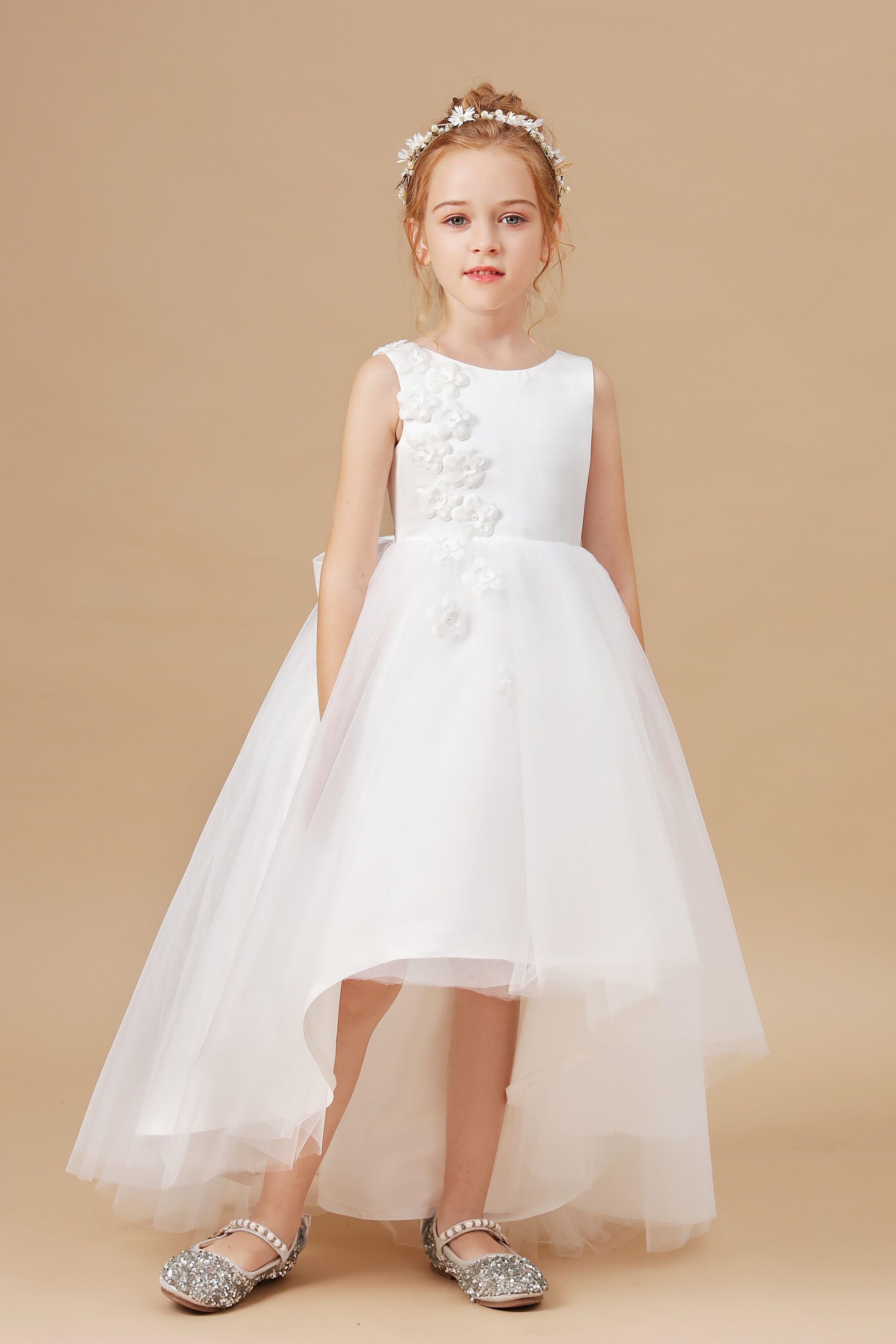 Chic High Low Sleeveless Tulle Stain Appliques Flower Girl dress With Bowknot