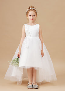 Chic High Low Sleeveless Tulle Stain Appliques Flower Girl dress With Bowknot