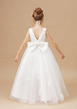 Chic High Low Sleeveless Tulle Stain Appliques Flower Girl dress With Bowknot