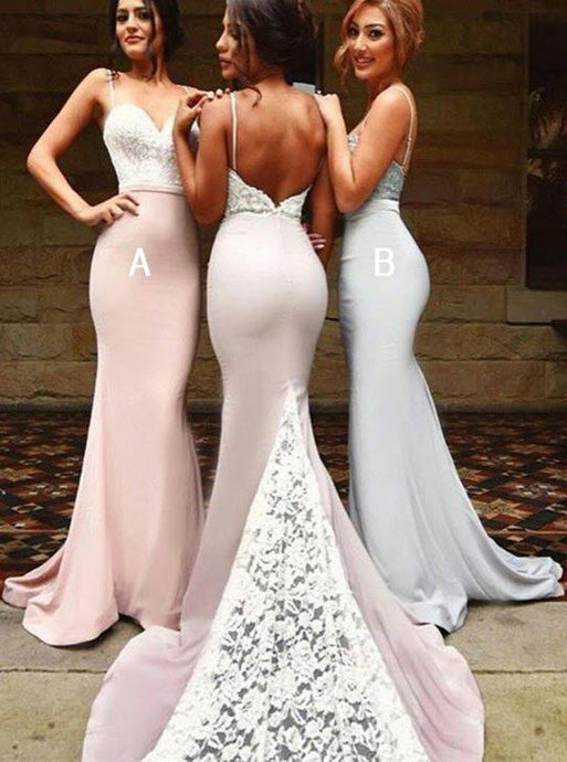 Sexy Spaghetti Straps White Lace Backless Chiffon Mermaid Bridesmaid dress OB101