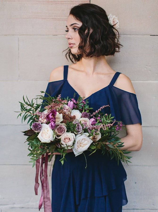 Navy Blue A/B Pattern Chiffon Long Bridesmaid dress with Ruffles OB123