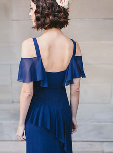 Navy Blue A/B Pattern Chiffon Long Bridesmaid dress with Ruffles OB123