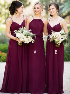 A-Line Spaghetti Straps A/B Pattern Chiffon Fuchsia Bridesmaid Dress OB119