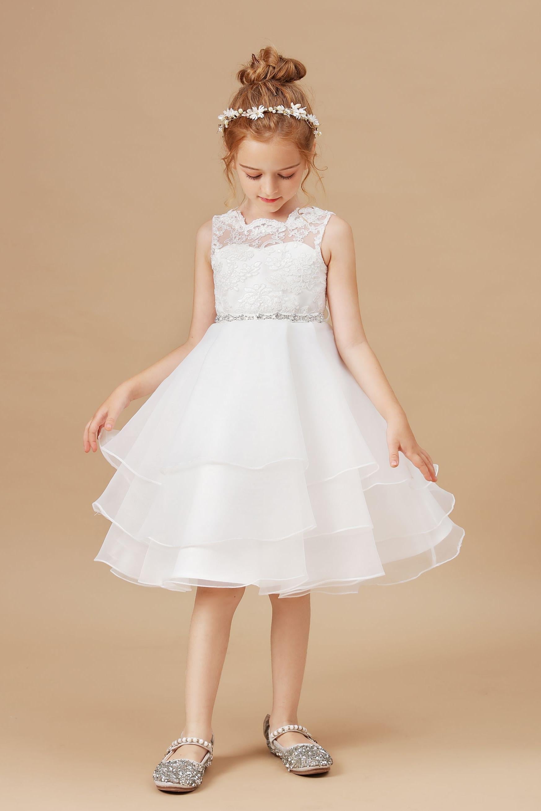 Applique Tulle Organza Ruffles Sleeveless Flower Girl dress With Rhinestone Sash