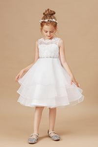 Applique Tulle Organza Ruffles Sleeveless Flower Girl dress With Rhinestone Sash