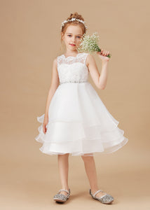 Applique Tulle Organza Ruffles Sleeveless Flower Girl dress With Rhinestone Sash