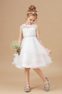 Applique Tulle Organza Ruffles Sleeveless Flower Girl dress With Rhinestone Sash