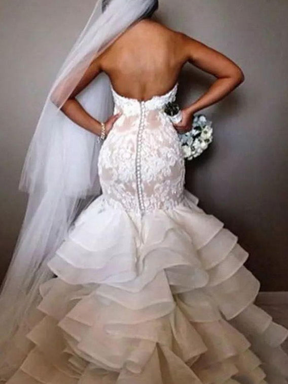 Trumpet/Mermaid Applique Lace Sweetheart Ruffles Organza Wedding Dress OW299