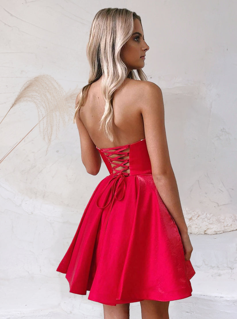 Simple Red V Neck Short Prom Dress, Red Homecoming Dress